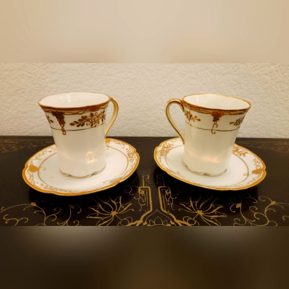 Antique Nippon Cups & Saucers Gold Floral Swag